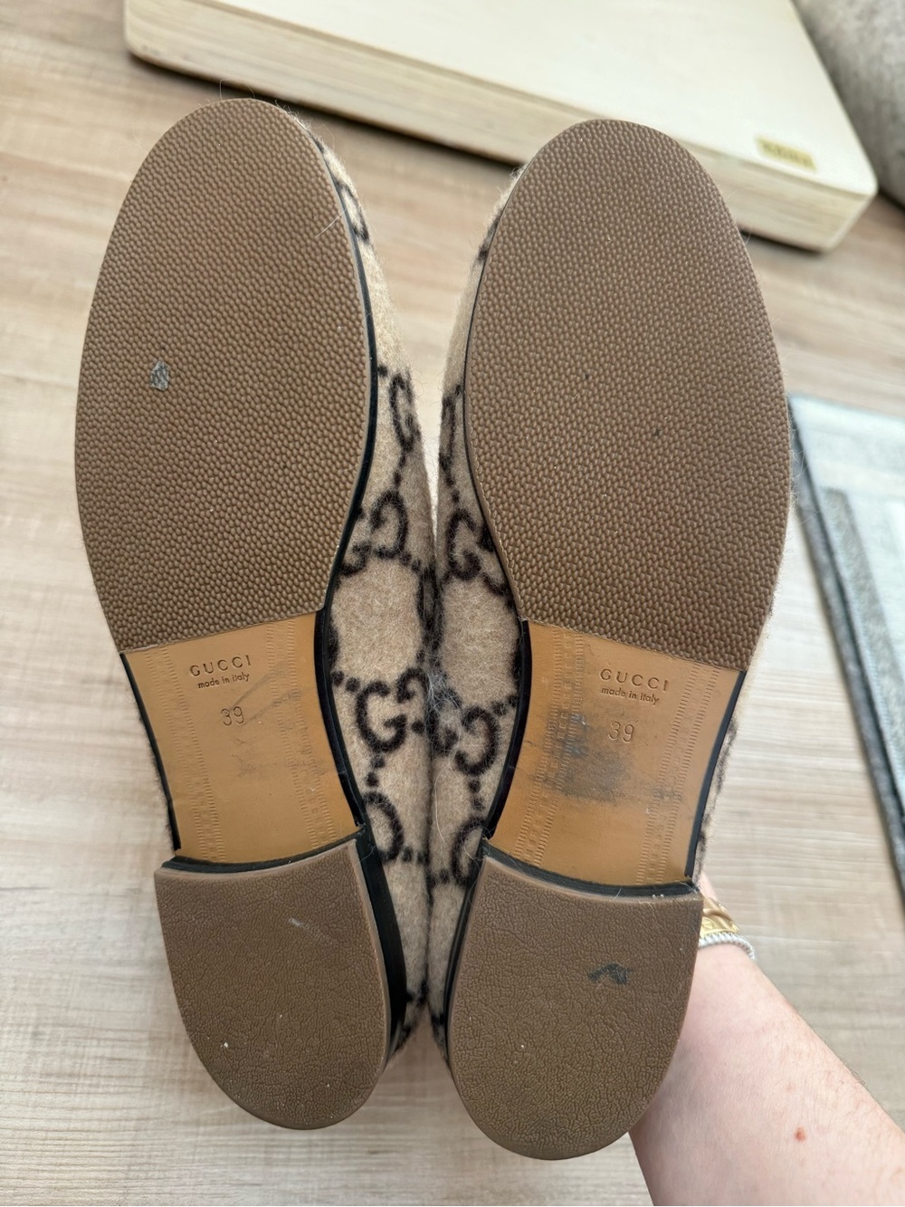 Women’s Gucci Beige and Brown GG Wool Horsebit Loafers - Picture 4 of 5